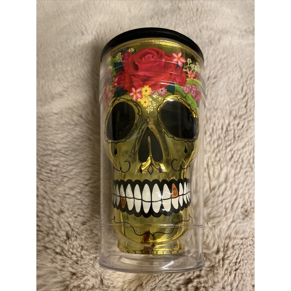 2011 Day of the Dead Skull In Gold & Pinks Drinking Glass with Lid by Cool Gear